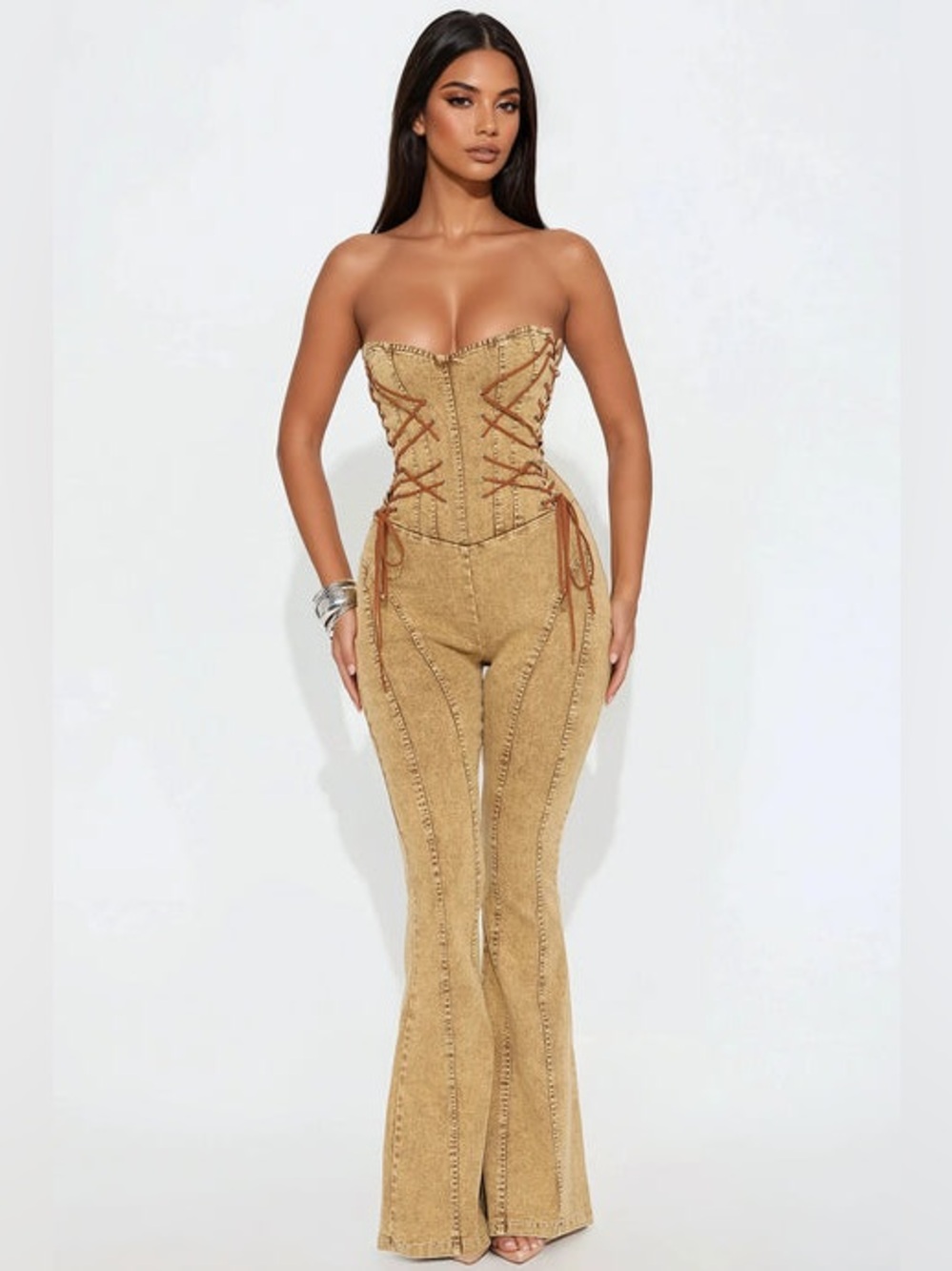 NWT Fashion Nova Meet Me In The Desert Tan Wash Denim Lace-Up Corset Jumpsuit Md